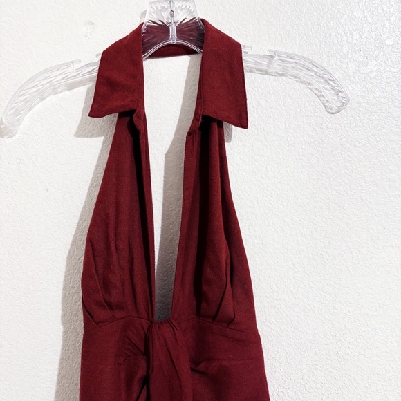 Free People In Her Element Linen Blend Halter Ruched Mini Dress in Burgundy Red - Picture 4 of 9